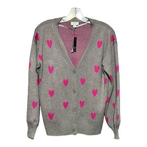 Crown & Ivy Button Front Heart Cardigan Small Gray Pink Valentine’s Sweater